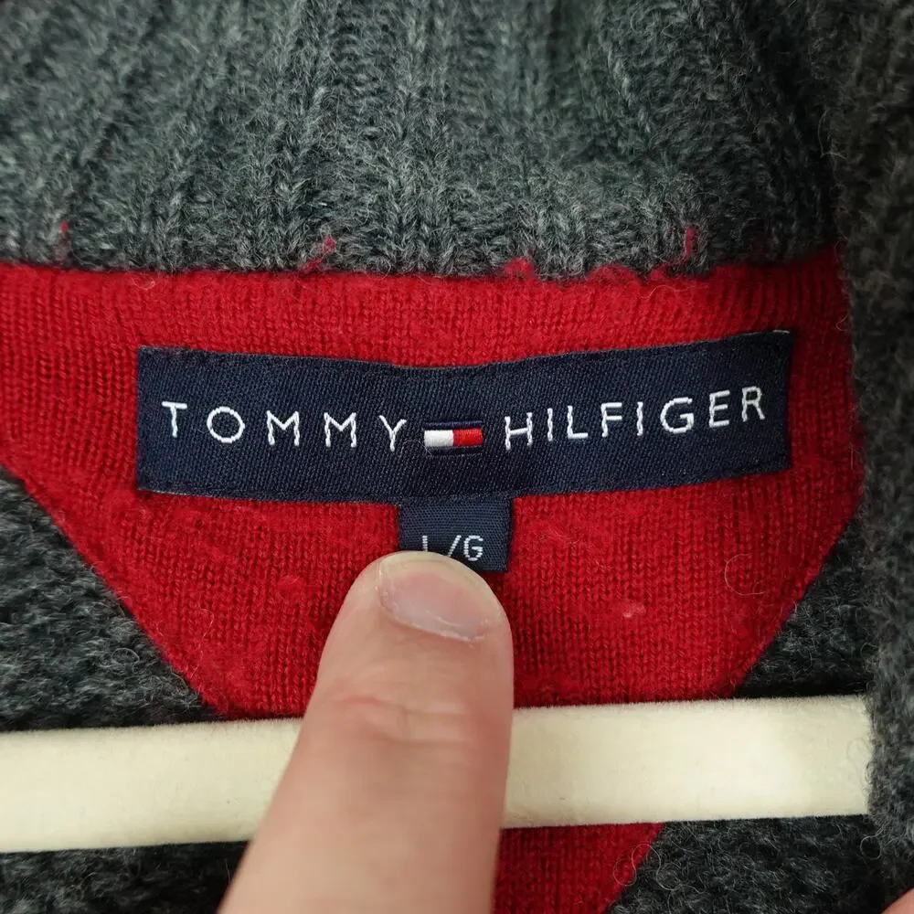 VTG Tommy Hilfiger‎ Cardigan Sweater Mens SZ L Wool Chunky Knit Full Zip Read